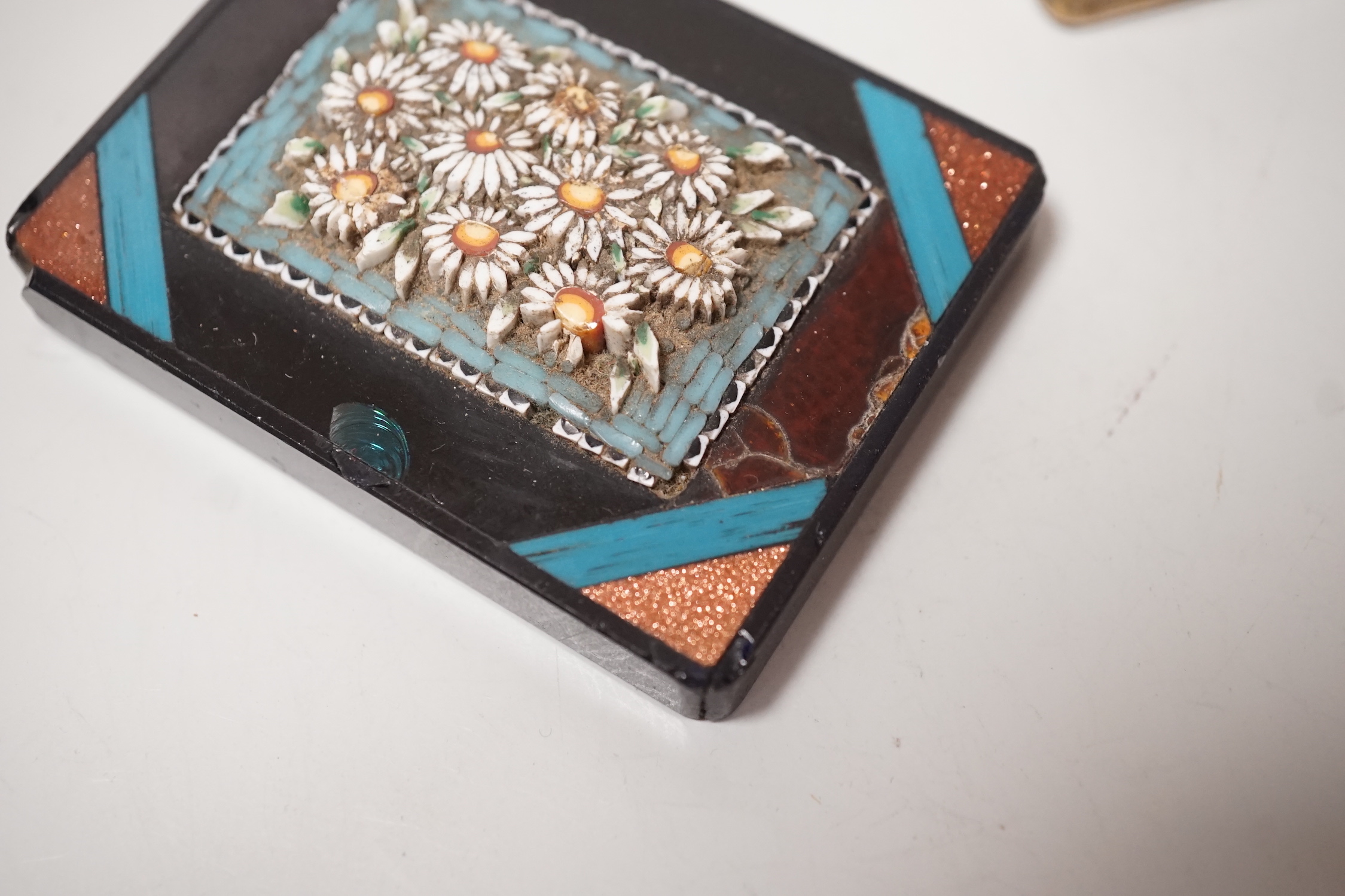 A small Japanese signed Satsuma export dish and cover, of rectangular form, together with a micro-mosaic and inlaid slate desk weight (2) 6.5 x 4.5cm